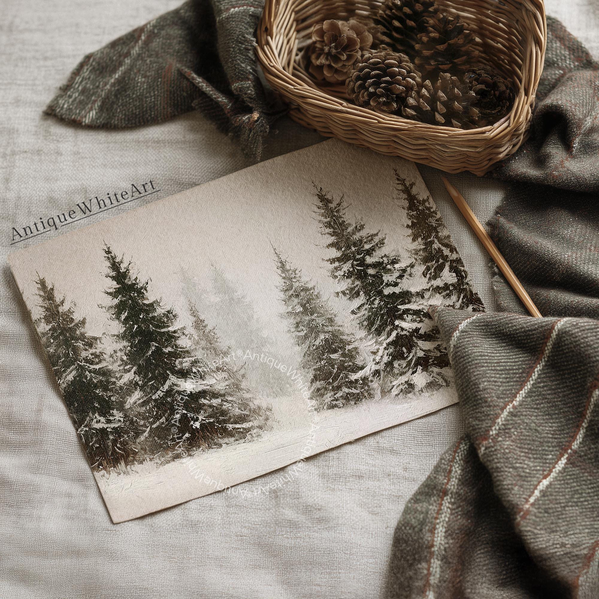 Vintage Style Winter Print Rustic Snowy Forest Art Neutral Landscape Painting W252 Wall