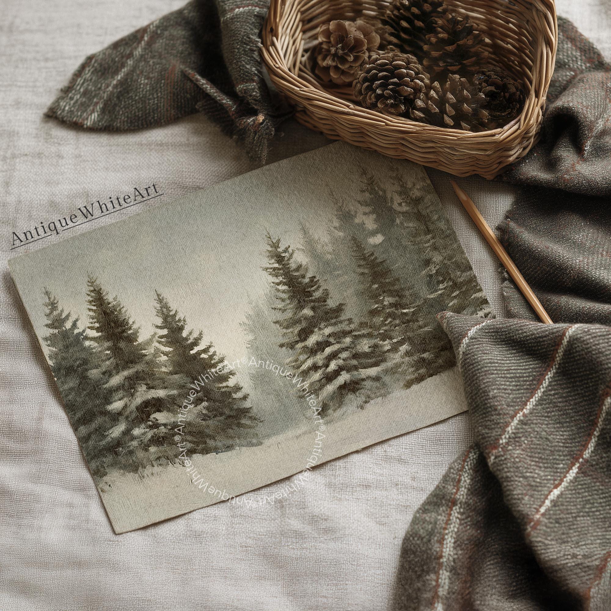 Vintage Style Christmas Print Rustic Snowy Winter Forest Art Neutral Landscape Painting W253 Wall