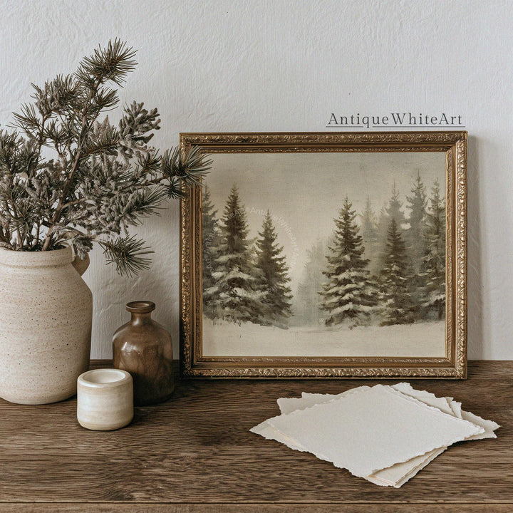 Vintage Style Christmas Print Rustic Snowy Winter Forest Art Neutral Landscape Painting W253 Wall