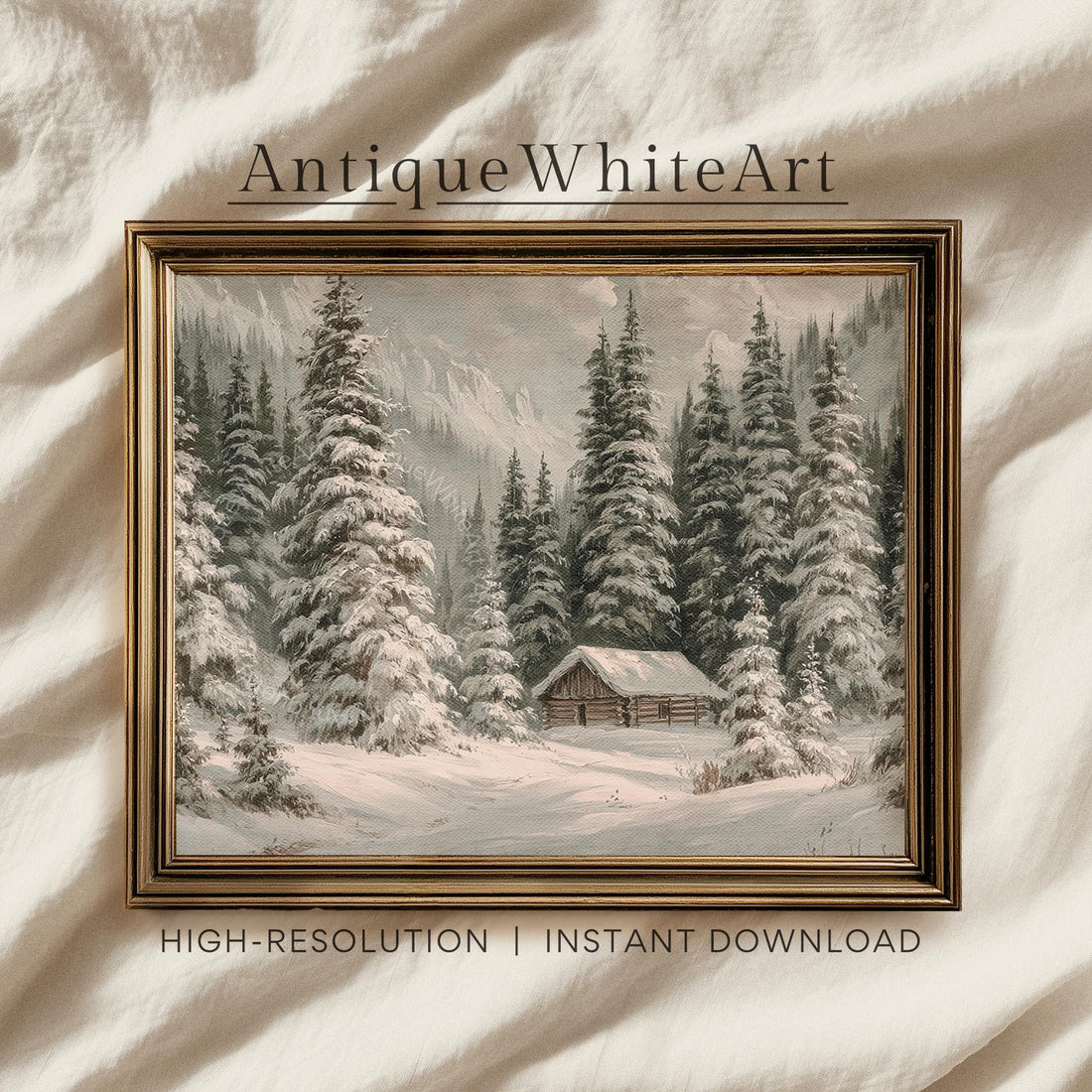 Rustic Winter Landscape Wall Art Cabin Print Farmhouse Prints Pine Forest Painting W254