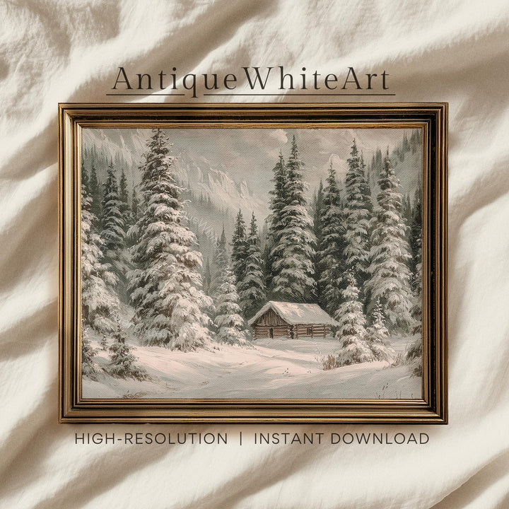 Rustic Winter Landscape Wall Art Cabin Print Farmhouse Prints Pine Forest Painting W254