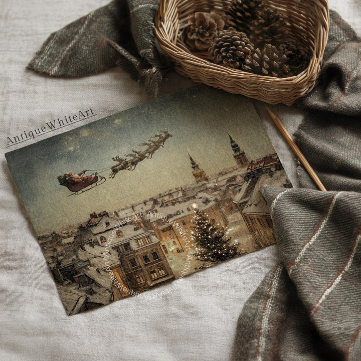 Santa Claus Flying above the Town Print: Christmas Reindeers Painting Vintage Style Farmhouse Decor W256 Print Wall Art