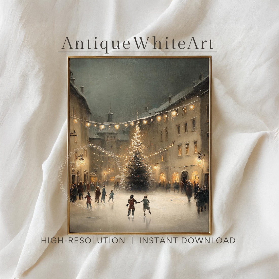 Winter Ice Skating Print Christmas Wall Art Eve Painting Holiday Decor W257