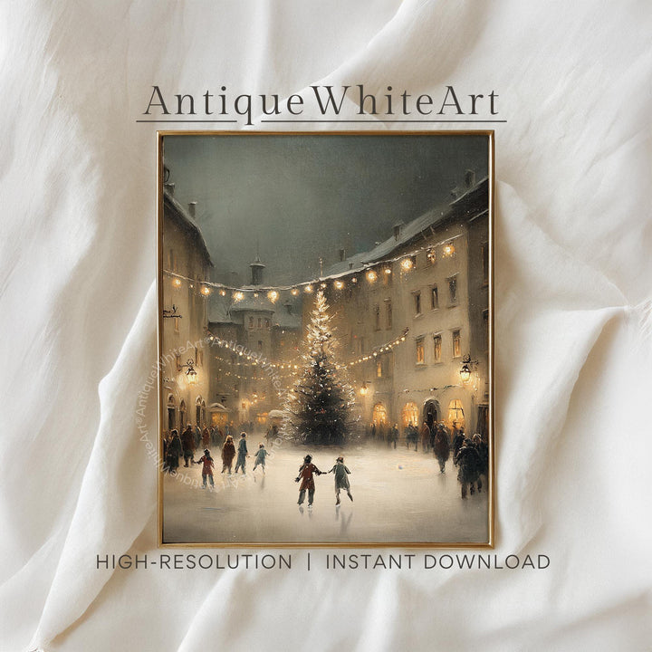 Winter Ice Skating Print Christmas Wall Art Eve Painting Holiday Decor W257