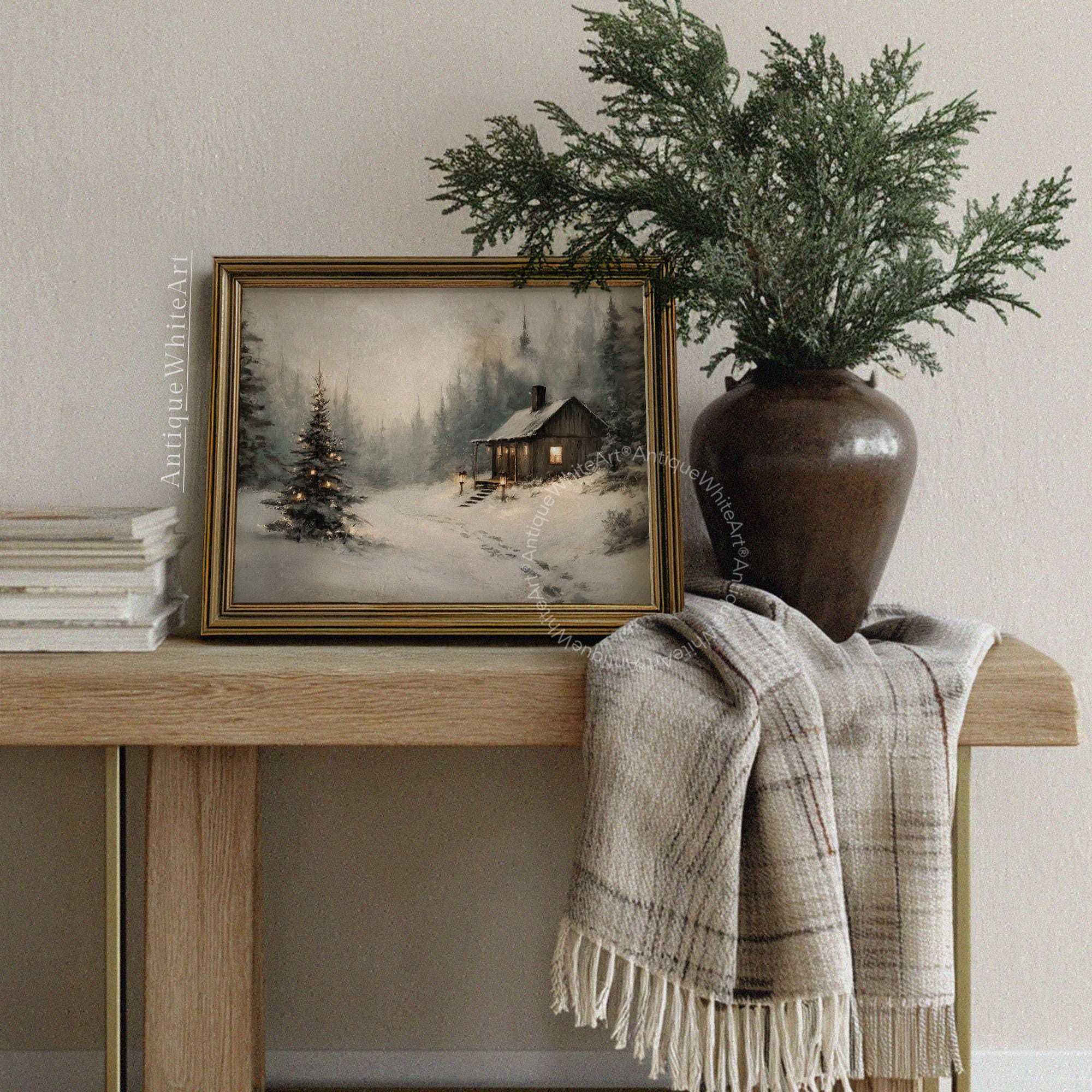 Rustic Winter Landscape Wall Art Cabin Print Farmhouse Prints Pine Forest Painting W255