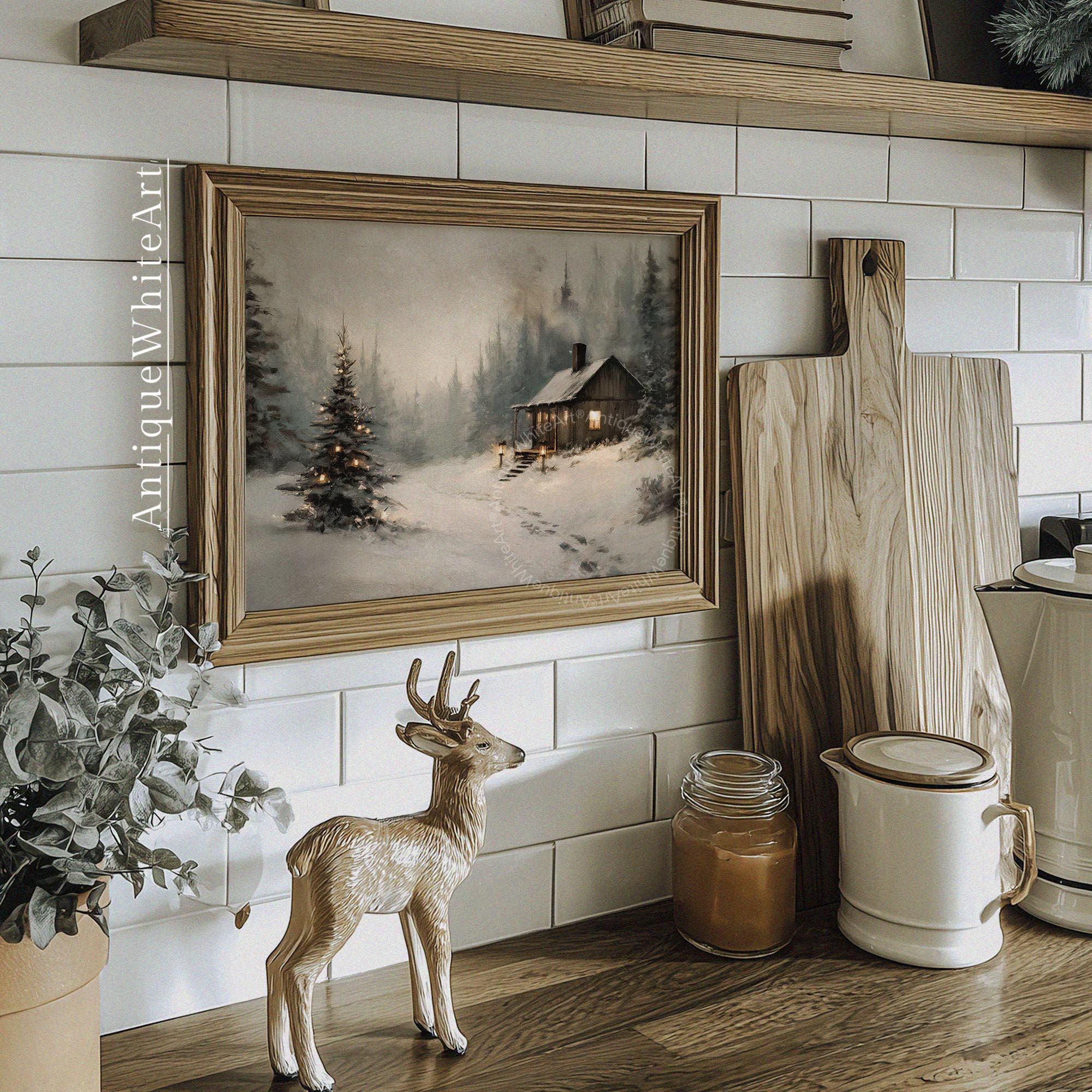 Rustic Winter Landscape Wall Art Cabin Print Farmhouse Prints Pine Forest Painting W255